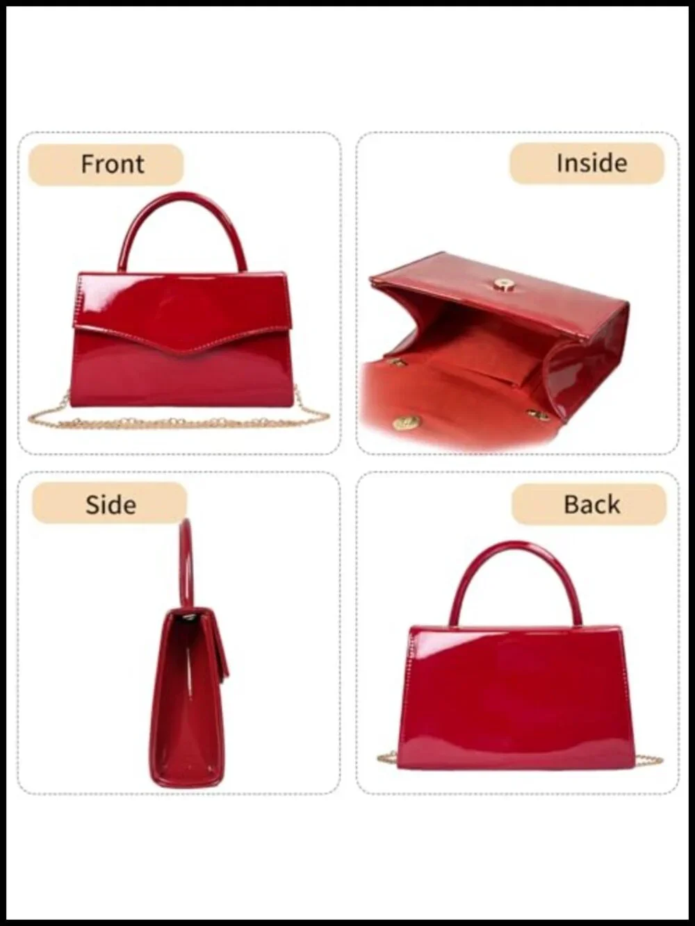 Faux Patent Leather Evening Clutch with Detachable Chain Strap